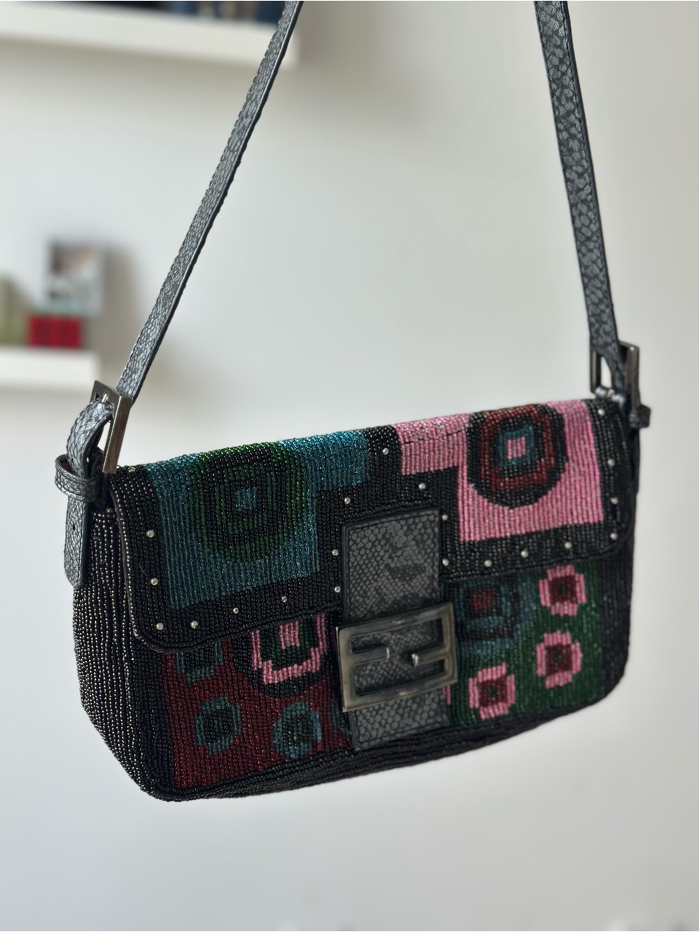 SOLD ❤️ Fendi Zucca FF Lizard-Trim Beaded Baguette - Picture 11 of 16